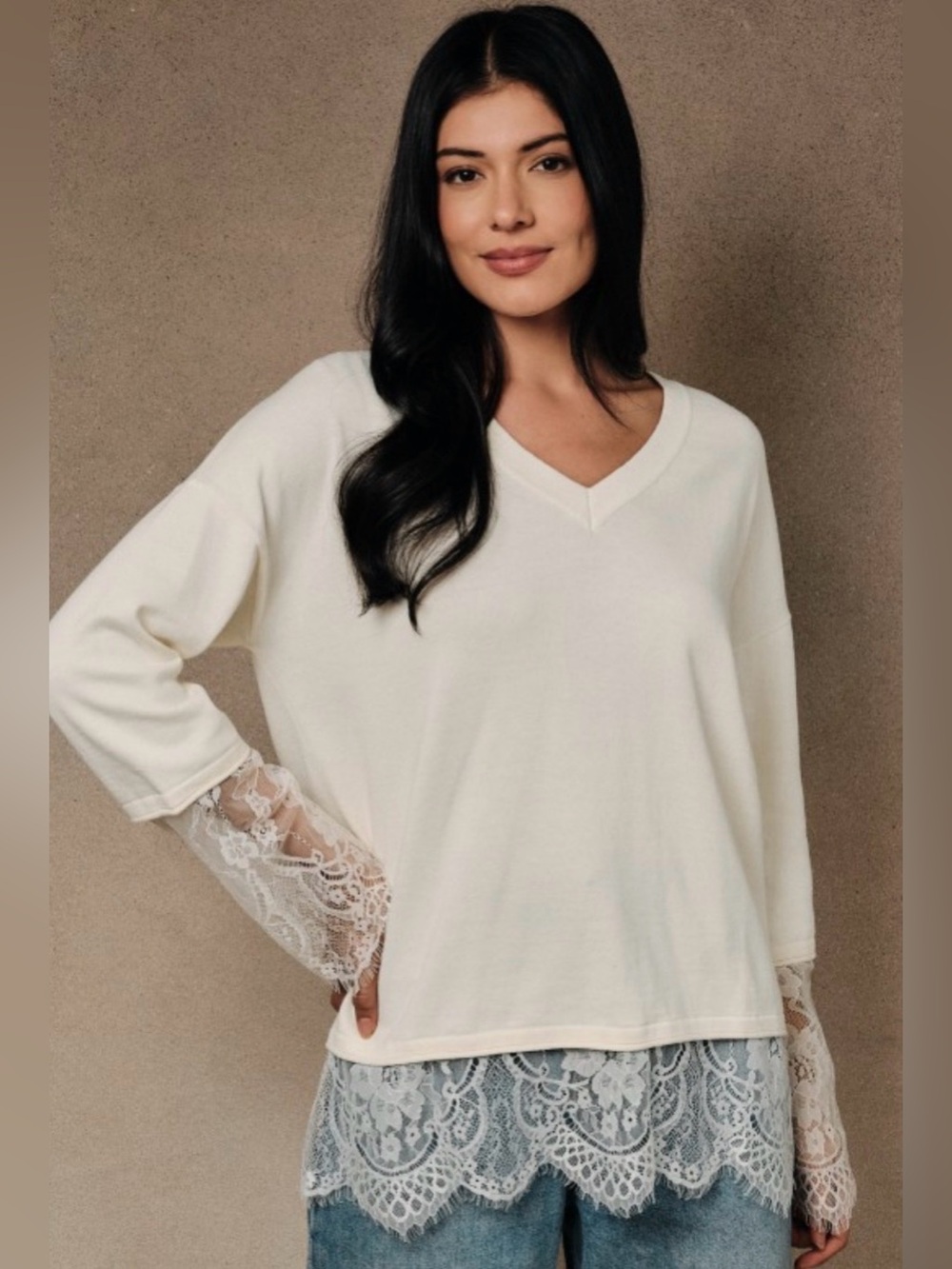 Women's Lace-Trim V-Neck Top in white